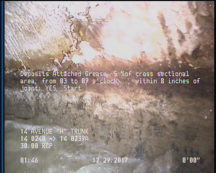 Deposits Attached Grease, 5 %of cross sectional area, from 03 to 09 o'clock, , within 8 inches of joint: YES, Start