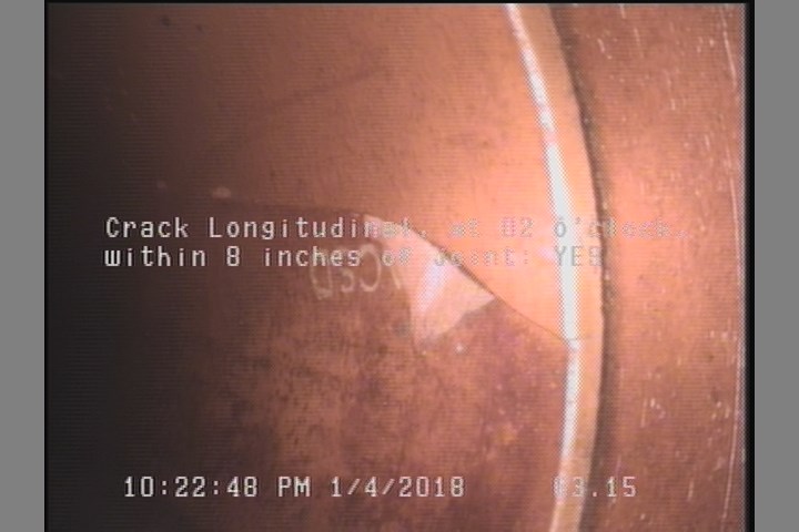 Crack Longitudinal, at 02 o'clock, within 8 inches of joint: YES