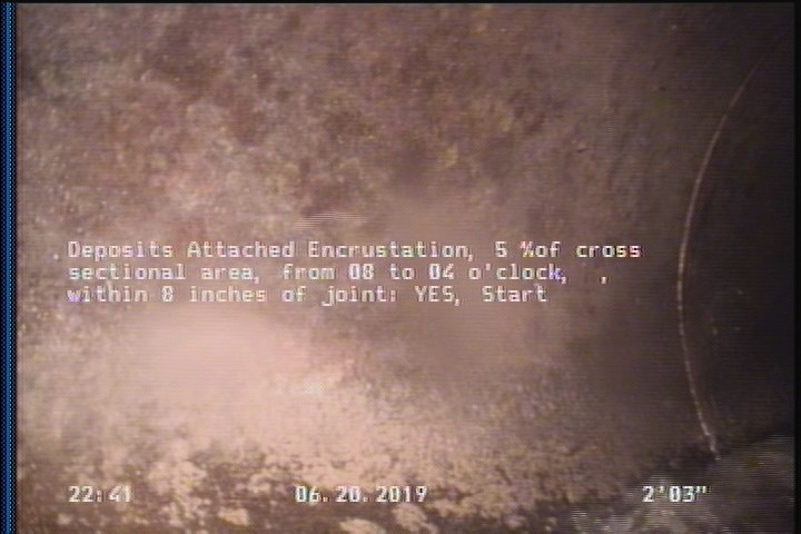 Deposits Attached Encrustation, 5 %of cross sectional area, from 08 to 04 o'clock, , within 8 inches of joint: YES, Start