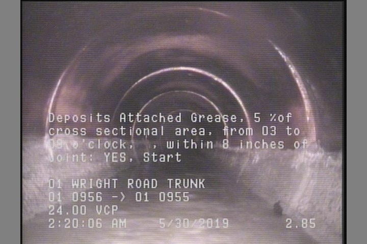 Deposits Attached Grease, 5 %of cross sectional area, from 03 to 09 o'clock, , within 8 inches of joint: YES, Start