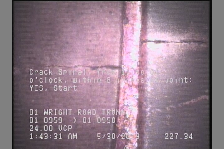 Crack Spiral, from 11 to 01 o'clock, within 8 inches of joint: YES, Start