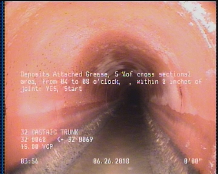 Deposits Attached Grease, 5 %of cross sectional area, from 04 to 08 o'clock, , within 8 inches of joint: YES, Start