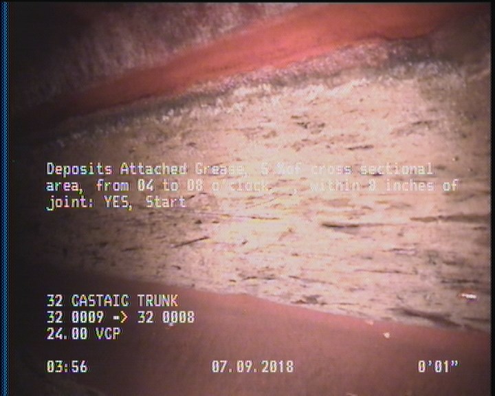 Deposits Attached Grease, 5 %of cross sectional area, from 04 to 08 o'clock, , within 8 inches of joint: YES, Start