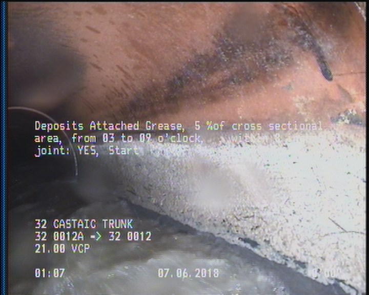 Deposits Attached Grease, 5 %of cross sectional area, from 03 to 09 o'clock, , within 8 inches of joint: YES, Start