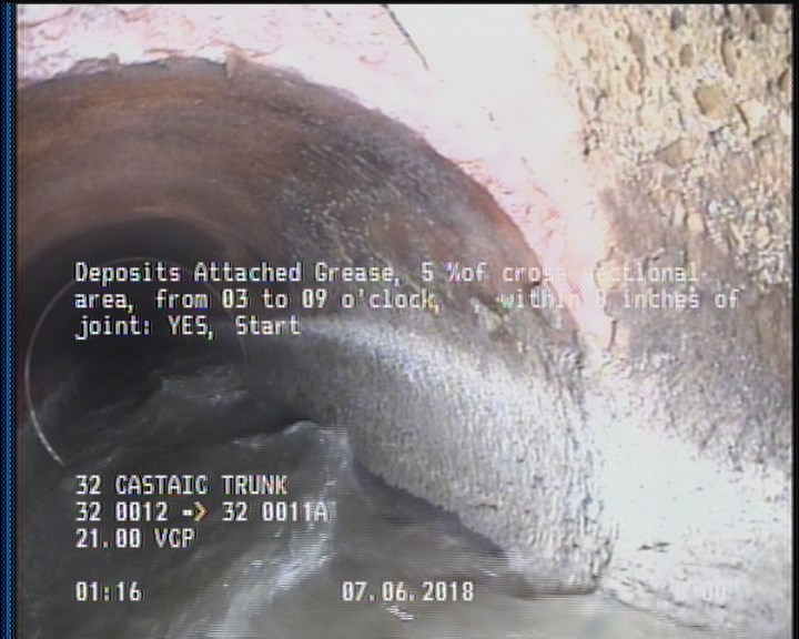 Deposits Attached Grease, 5 %of cross sectional area, from 03 to 09 o'clock, , within 8 inches of joint: YES, Start