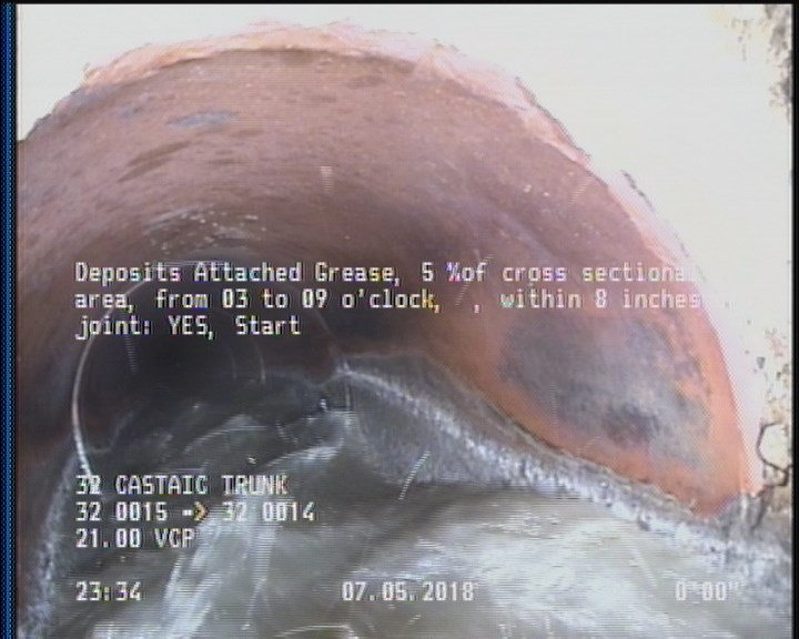 Deposits Attached Grease, 5 %of cross sectional area, from 03 to 09 o'clock, , within 8 inches of joint: YES, Start