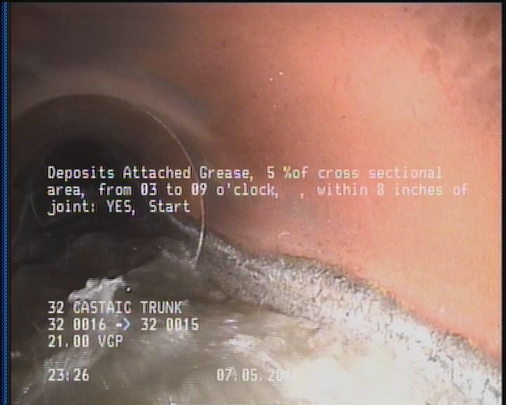 Deposits Attached Grease, 5 %of cross sectional area, from 03 to 09 o'clock, , within 8 inches of joint: YES, Start