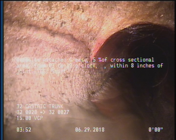 Deposits Attached Grease, 5 %of cross sectional area, from 03 to 09 o'clock, , within 8 inches of joint: YES, Start
