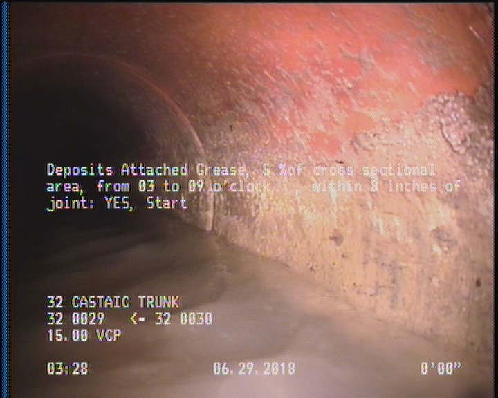 Deposits Attached Grease, 5 %of cross sectional area, from 03 to 09 o'clock, , within 8 inches of joint: YES, Start