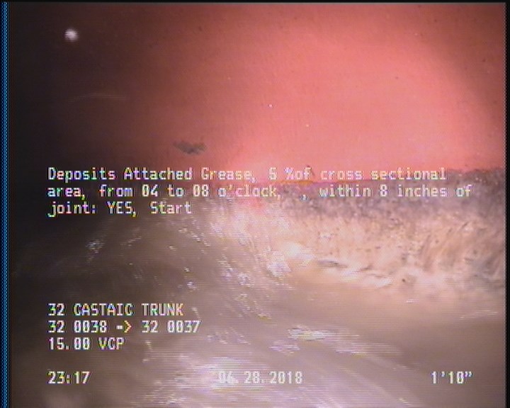 Deposits Attached Grease, 5 %of cross sectional area, from 04 to 08 o'clock, , within 8 inches of joint: YES, Start