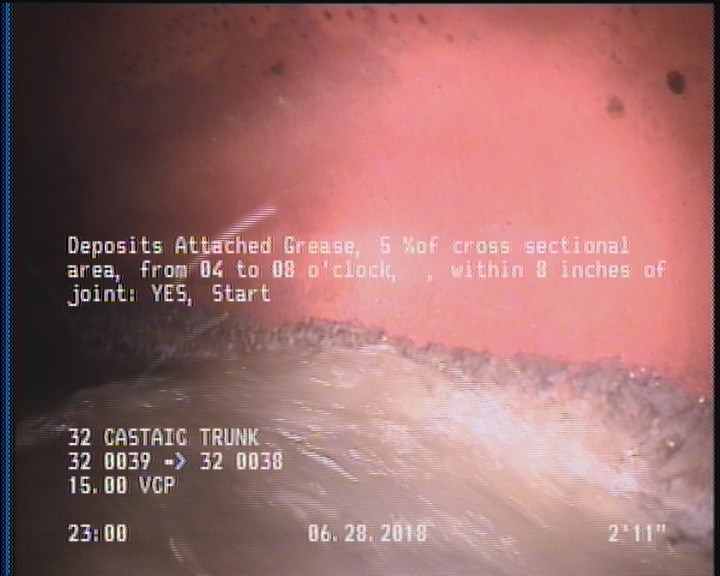 Deposits Attached Grease, 5 %of cross sectional area, from 04 to 08 o'clock, , within 8 inches of joint: YES, Start