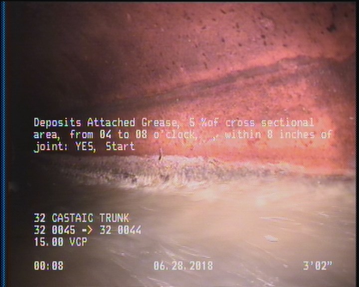 Deposits Attached Grease, 5 %of cross sectional area, from 04 to 08 o'clock, , within 8 inches of joint: YES, Start