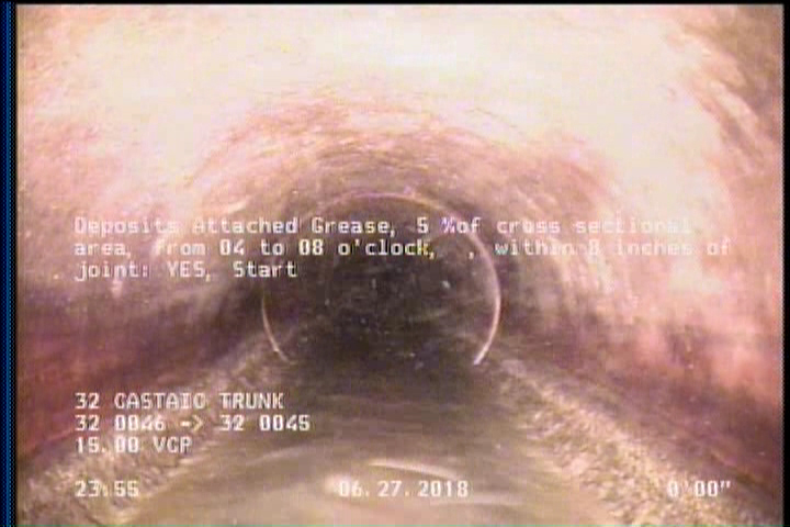 Deposits Attached Grease, 5 %of cross sectional area, from 04 to 08 o'clock, , within 8 inches of joint: YES, Start