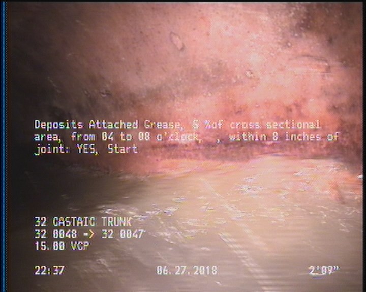 Deposits Attached Grease, 5 %of cross sectional area, from 04 to 08 o'clock, , within 8 inches of joint: YES, Start