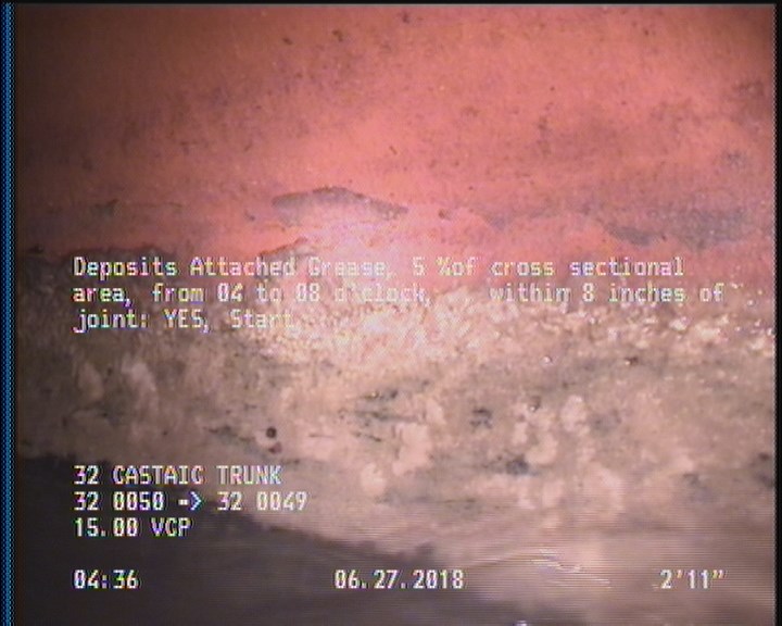Deposits Attached Grease, 5 %of cross sectional area, from 04 to 08 o'clock, , within 8 inches of joint: YES, Start