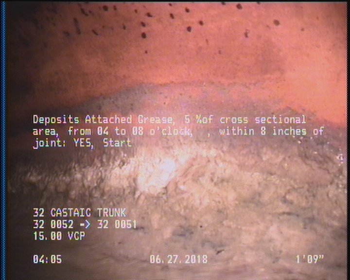 Deposits Attached Grease, 5 %of cross sectional area, from 04 to 08 o'clock, , within 8 inches of joint: YES, Start