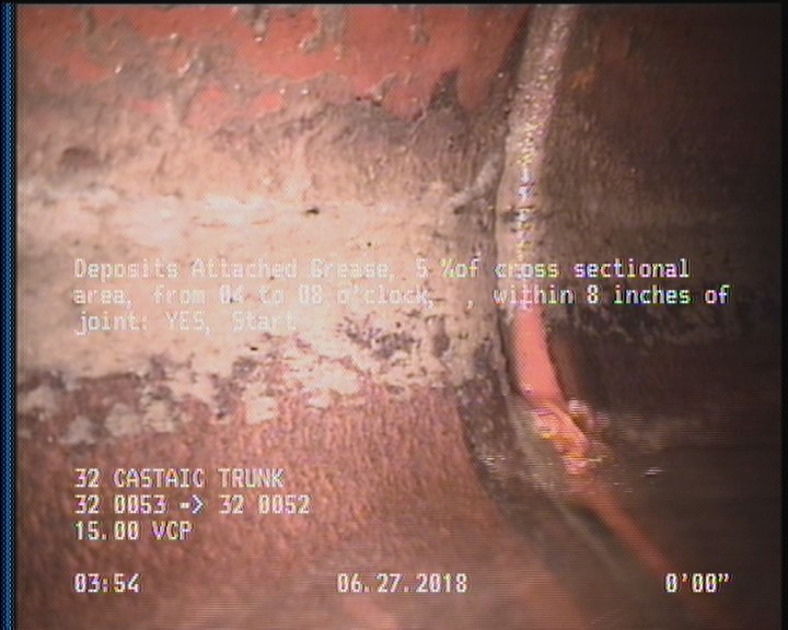 Deposits Attached Grease, 5 %of cross sectional area, from 04 to 08 o'clock, , within 8 inches of joint: YES, Start