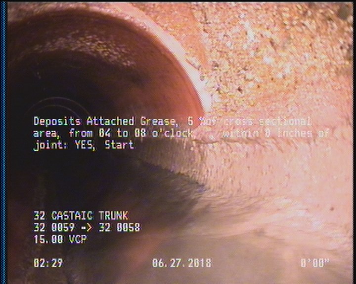 Deposits Attached Grease, 5 %of cross sectional area, from 04 to 08 o'clock, , within 8 inches of joint: YES, Start