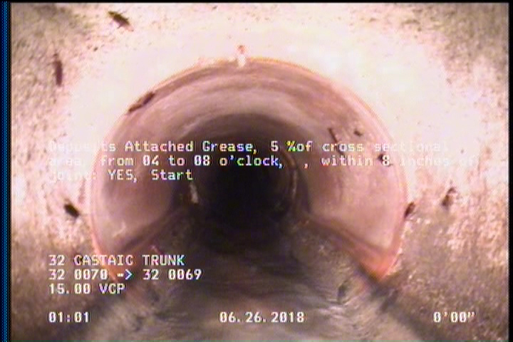 Deposits Attached Grease, 5 %of cross sectional area, from 04 to 08 o'clock, , within 8 inches of joint: YES, Start