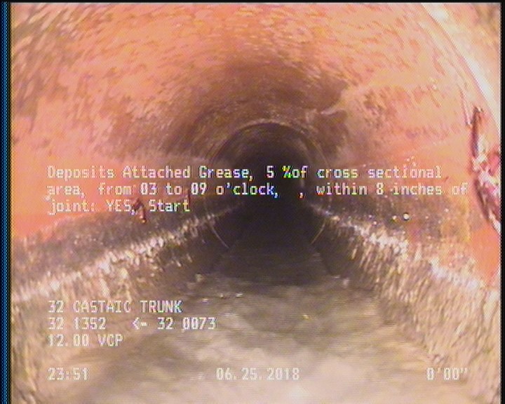 Deposits Attached Grease, 5 %of cross sectional area, from 03 to 09 o'clock, , within 8 inches of joint: YES, Start