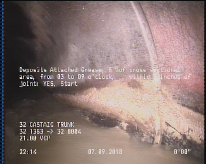 Deposits Attached Grease, 5 %of cross sectional area, from 03 to 09 o'clock, , within 8 inches of joint: YES, Start