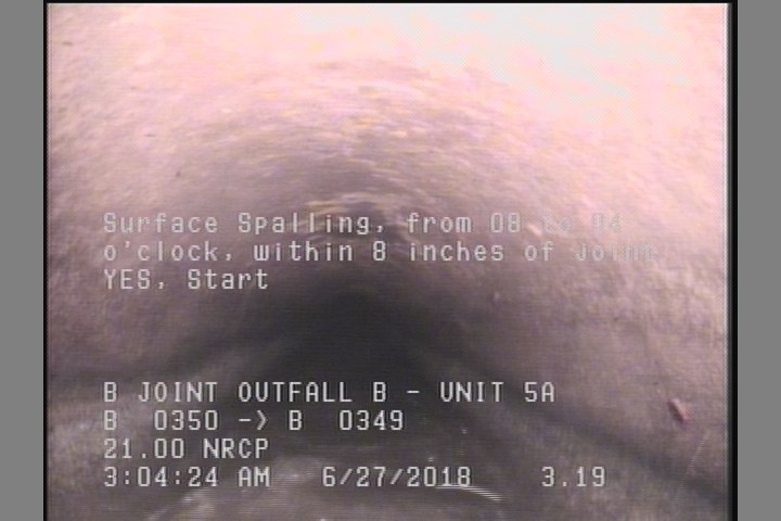 Surface Spalling, from 08 to 04 o'clock, within 8 inches of joint: YES, Start