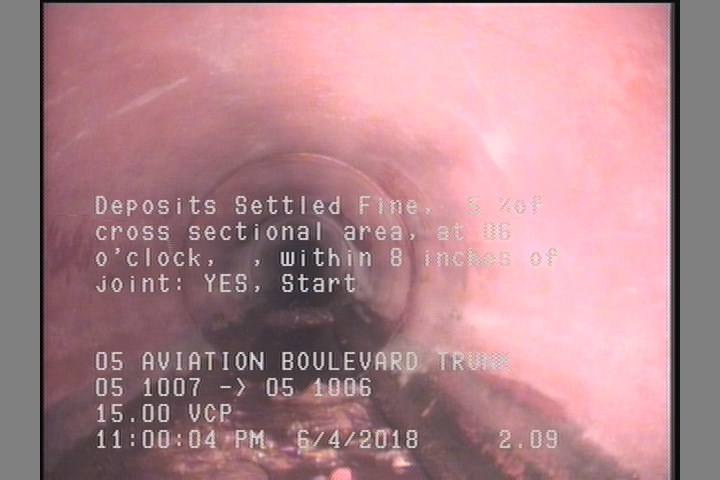 Deposits Settled Fine, 5 %of cross sectional area, at 06 o'clock, , within 8 inches of joint: YES, Start