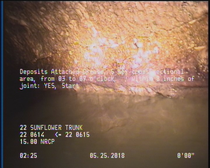 Deposits Attached Grease, 5 %of cross sectional area, from 03 to 09 o'clock, , within 8 inches of joint: YES, Start