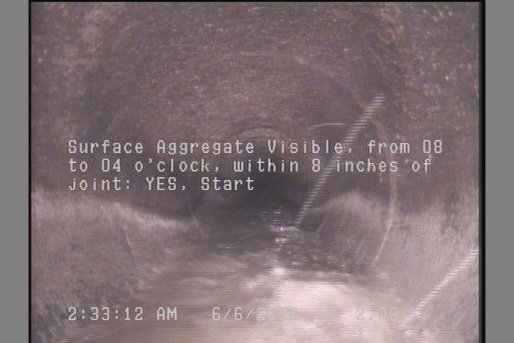 Surface Aggregate Visible, from 08 to 04 o'clock, within 8 inches of joint: YES, Start
