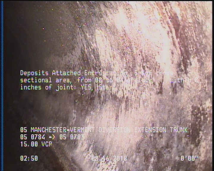 Deposits Attached Encrustation, 5 %of cross sectional area, from 08 to 04 o'clock, , within 8 inches of joint: YES, Start