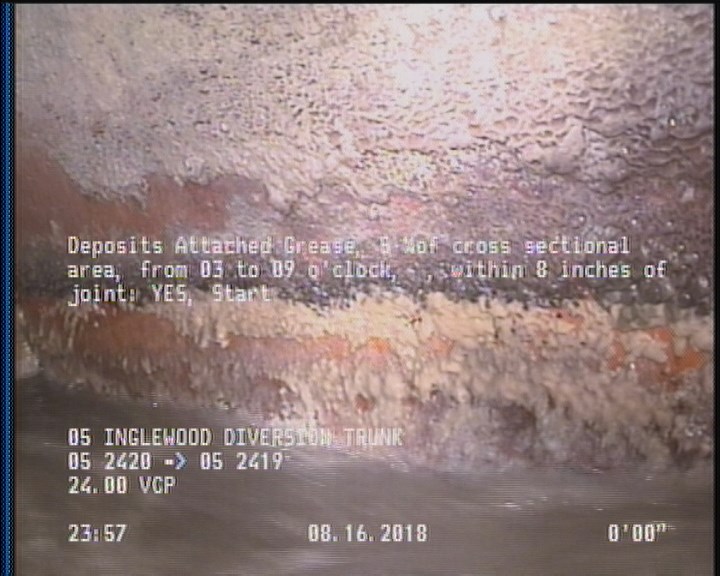 Deposits Attached Grease, 5 %of cross sectional area, from 03 to 09 o'clock, , within 8 inches of joint: YES, Start