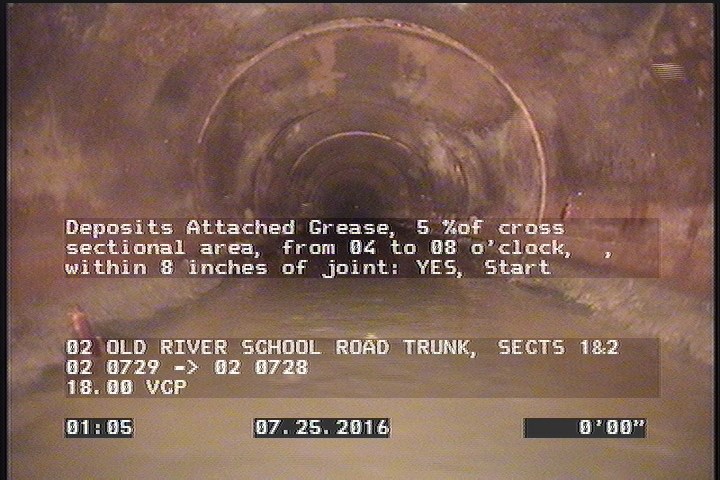 Deposits Attached Grease, 5 %of cross sectional area, from 04 to 08 o'clock, , within 8 inches of joint: YES, Start