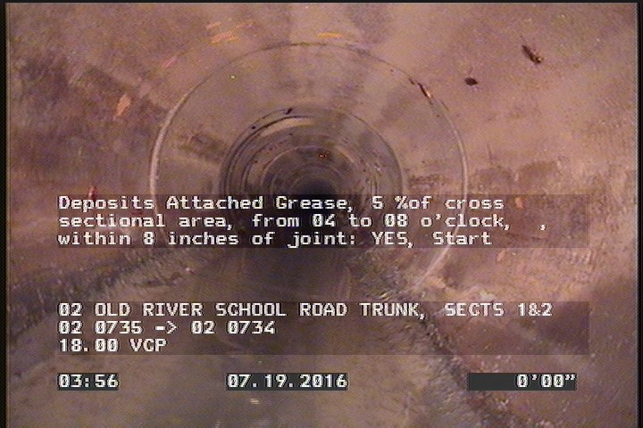 Deposits Attached Grease, 5 %of cross sectional area, from 04 to 08 o'clock, , within 8 inches of joint: YES, Start