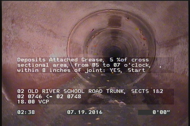 Deposits Attached Grease, 5 %of cross sectional area, from 05 to 07 o'clock, , within 8 inches of joint: YES, Start