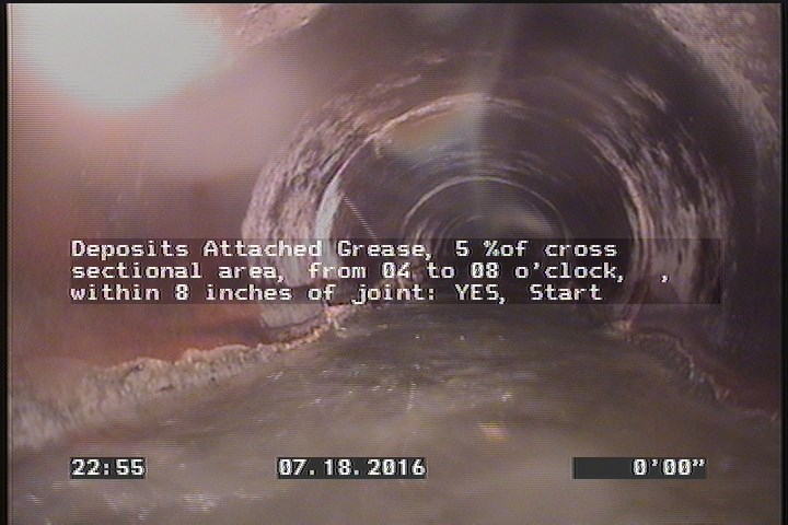 Deposits Attached Grease, 5 %of cross sectional area, from 04 to 08 o'clock, , within 8 inches of joint: YES, Start