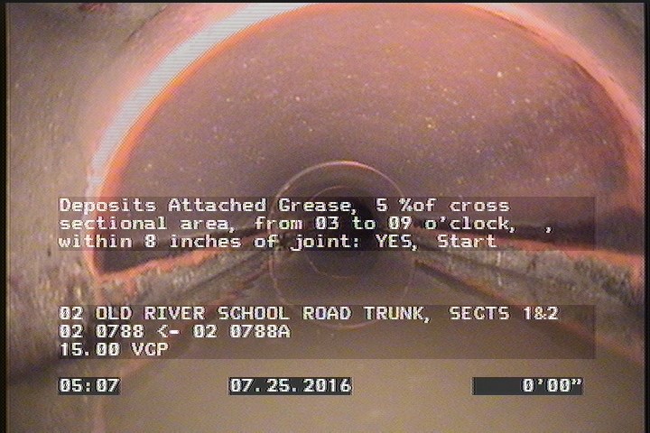 Deposits Attached Grease, 5 %of cross sectional area, from 03 to 09 o'clock, , within 8 inches of joint: YES, Start
