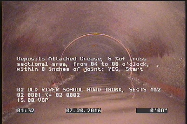 Deposits Attached Grease, 5 %of cross sectional area, from 04 to 08 o'clock, , within 8 inches of joint: YES, Start