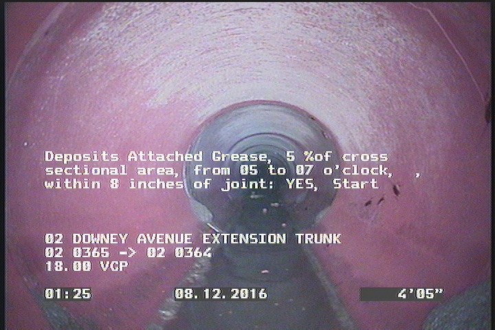 Deposits Attached Grease, 5 %of cross sectional area, from 05 to 07 o'clock, , within 8 inches of joint: YES, Start