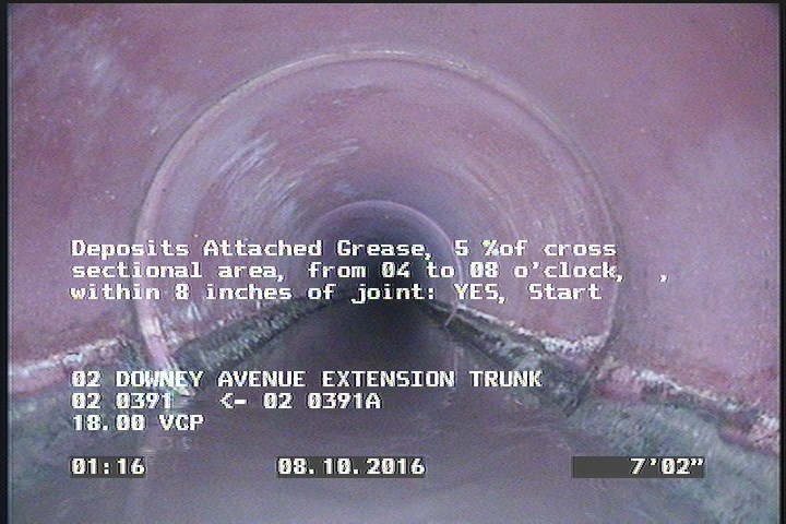 Deposits Attached Grease, 5 %of cross sectional area, from 04 to 08 o'clock, , within 8 inches of joint: YES, Start