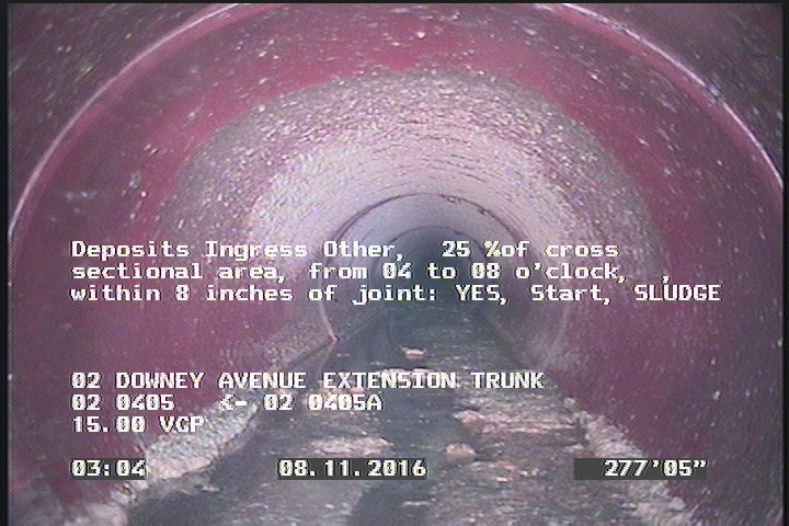 Deposits Ingress Other, 25 %of cross sectional area, from 04 to 08 o'clock, , within 8 inches of joint: YES, Start - SLUDGE