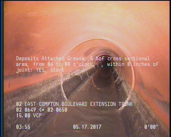 Deposits Attached Grease, 5 %of cross sectional area, from 04 to 08 o'clock, , within 8 inches of joint: YES, Start