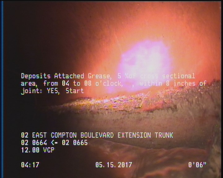 Deposits Attached Grease, 5 %of cross sectional area, from 04 to 08 o'clock, , within 8 inches of joint: YES, Start