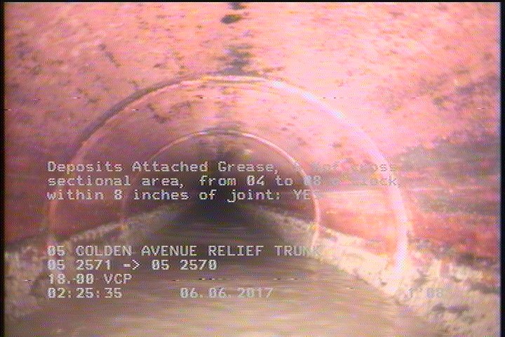 Deposits Attached Grease, 5 %of cross sectional area, from 04 to 08 o'clock, , within 8 inches of joint: YES, Start