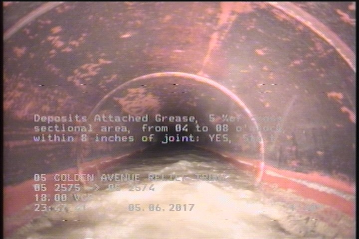Deposits Attached Grease, 5 %of cross sectional area, from 04 to 08 o'clock, , within 8 inches of joint: YES, Start