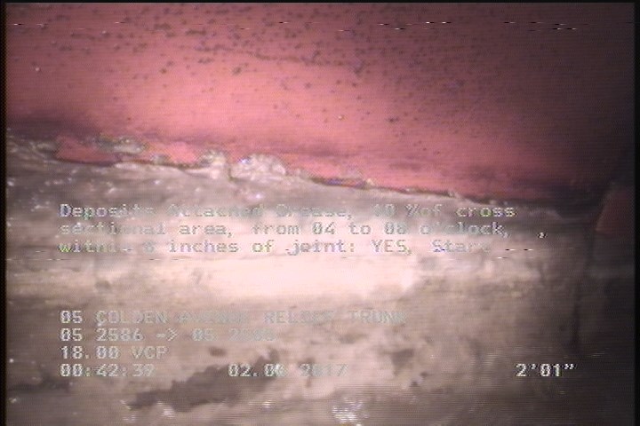 Deposits Attached Grease, 10 %of cross sectional area, from 04 to 08 o'clock, , within 8 inches of joint: YES, Start