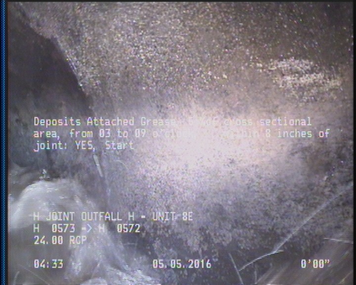 Deposits Attached Grease, 5 %of cross sectional area, from 03 to 09 o'clock, , within 8 inches of joint: YES, Start