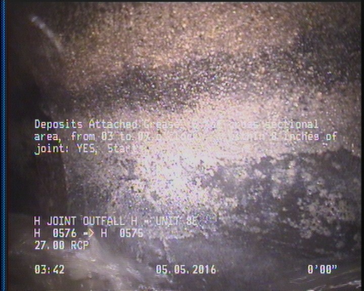 Deposits Attached Grease, 5 %of cross sectional area, from 03 to 09 o'clock, , within 8 inches of joint: YES, Start