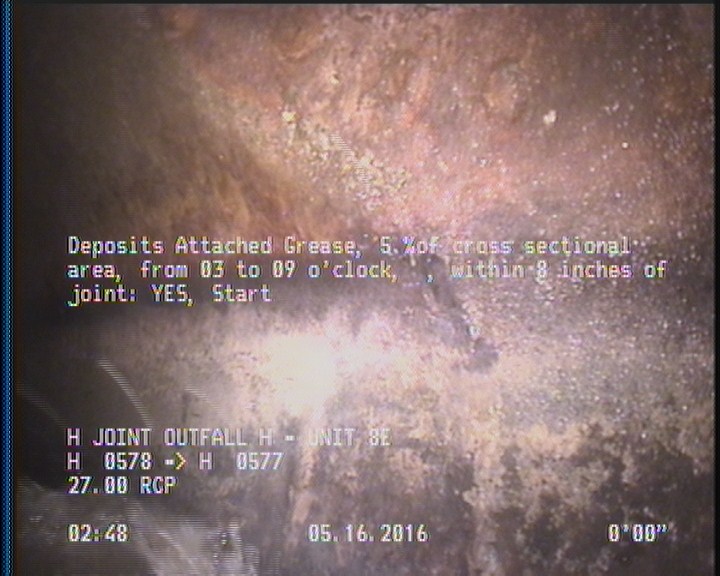 Deposits Attached Grease, 5 %of cross sectional area, from 03 to 09 o'clock, , within 8 inches of joint: YES, Start