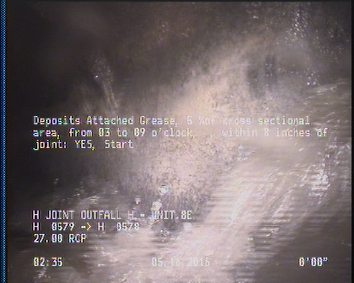 Deposits Attached Grease, 5 %of cross sectional area, from 03 to 09 o'clock, , within 8 inches of joint: YES, Start