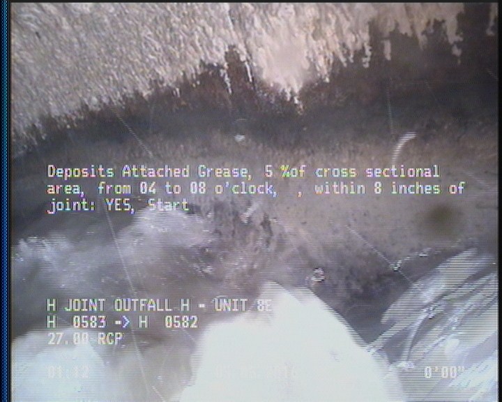Deposits Attached Grease, 5 %of cross sectional area, from 04 to 08 o'clock, , within 8 inches of joint: YES, Start